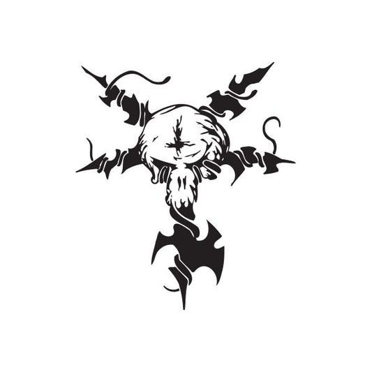 Vinyl wall decal, black fantasy winged figure with skull face and curved horns