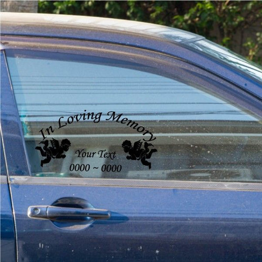 Angels in loving memory car decal for window: black angel silhouettes with memorial text.