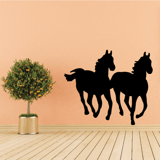 Two running horse silhouette wall decal, two black horses in motion