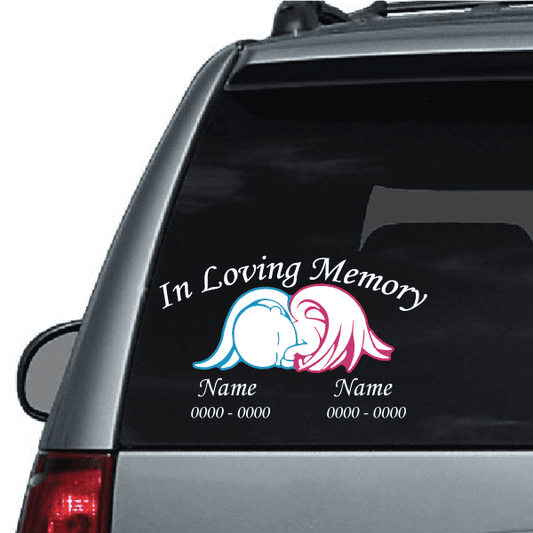 Two tone memorial decal for car window: 'In Loving Memory' with angel silhouettes