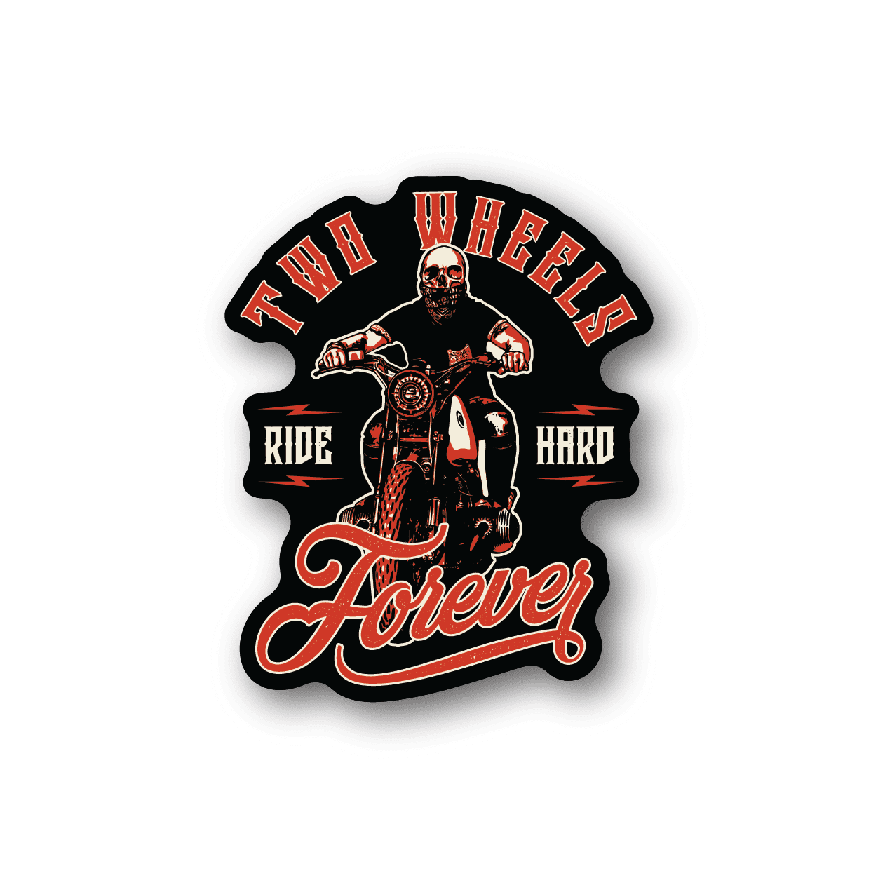 Motorcycle vinyl sticker with skull rider, 'Ride Hard' and 'Forever'