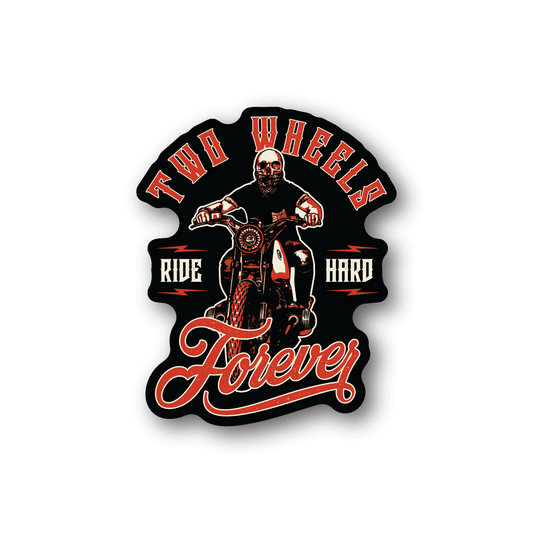 Motorcycle vinyl sticker with skull rider, 'Ride Hard' and 'Forever'