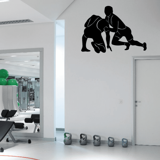 Two wrestlers wrestling wall decal, black silhouette pair grappling