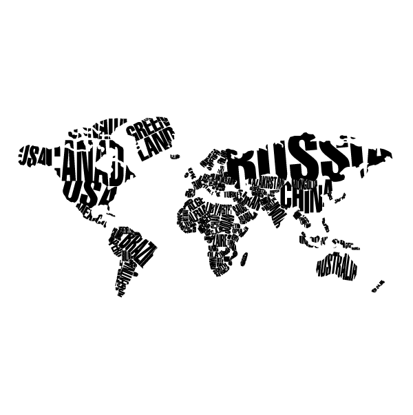 Decorative wall sticker featuring a world map made of typographic country names for home decor