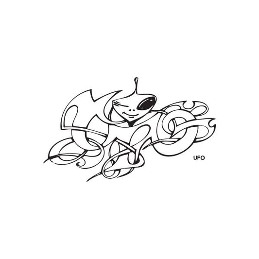 UFO alien graffiti decal with smiling face, UFO and black-and-white spray lines
