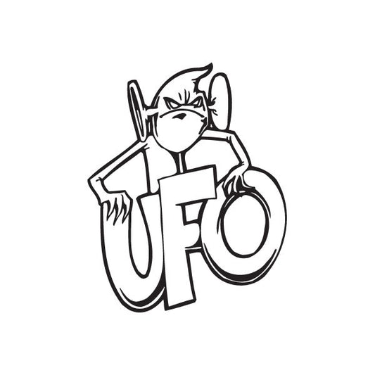 Graffiti-style UFO decal with black-and-white cartoon outline lettering and character