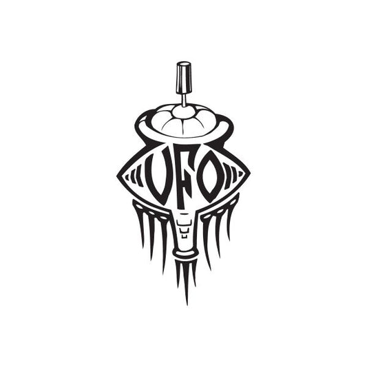 UFO spray paint can decal with black-and-white UFO graphic, dripping spray accents