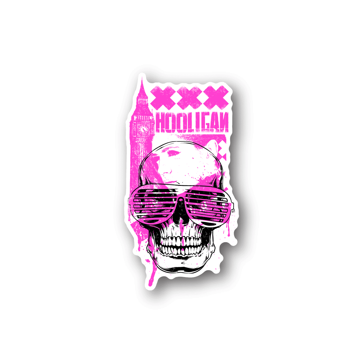 UK Hooligan vinyl sticker with pink skull wearing sunglasses and “HOOLIGAN” text