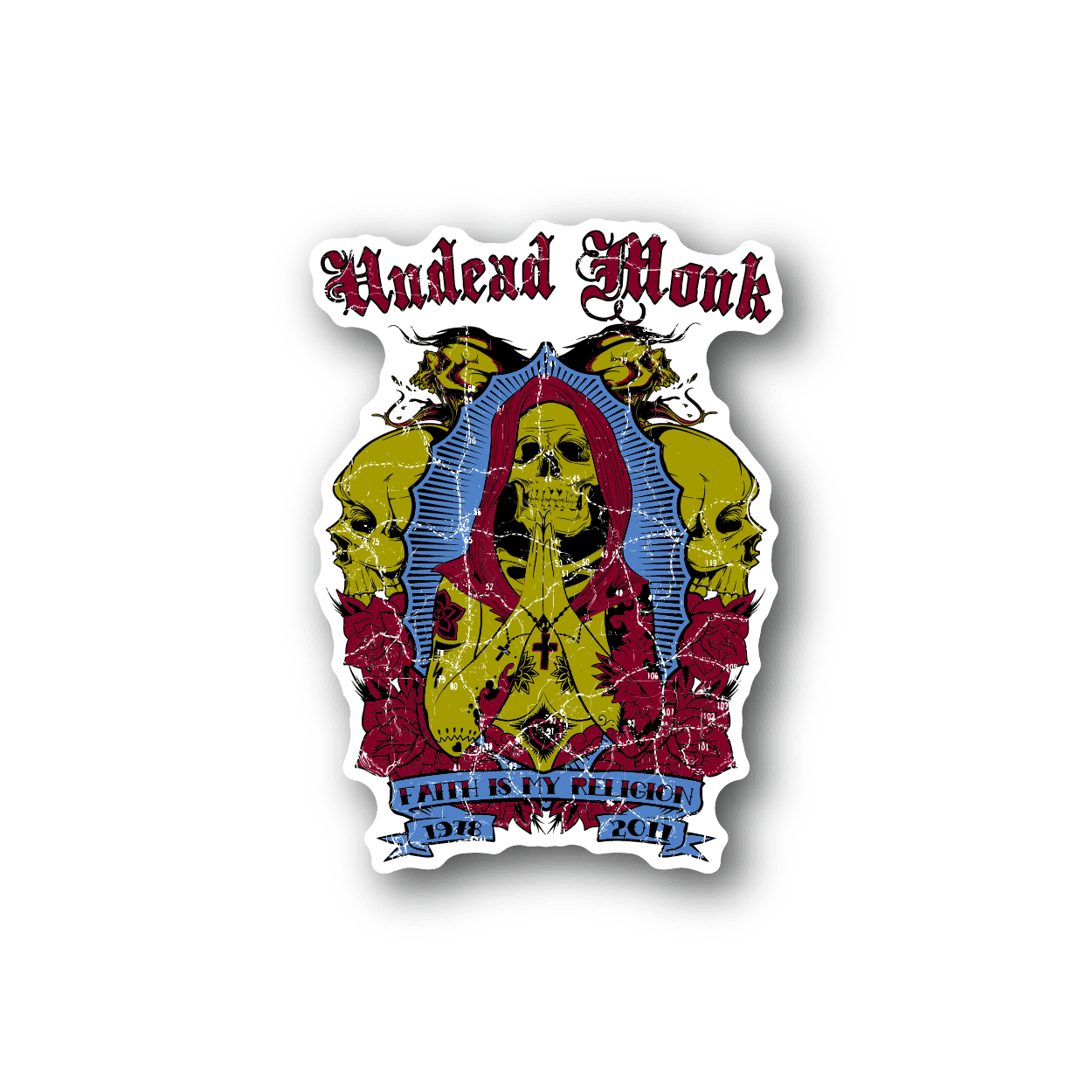 Vinyl sticker of Undead Monk graphic with skulls, halo, and red/blue text