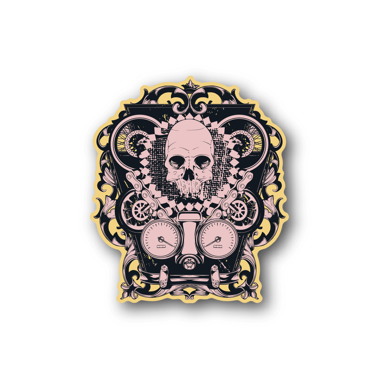 Skull vinyl sticker with ornate clockwork design and decorative frame