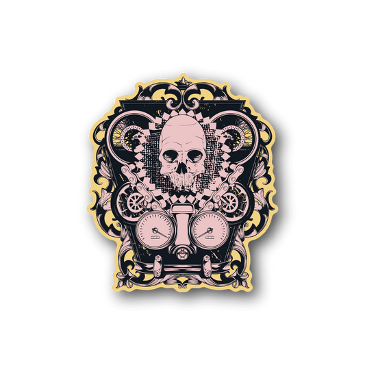 Skull vinyl sticker with ornate clockwork design and decorative frame