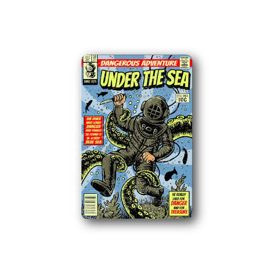 Vinyl sticker with diver and octopus, bold retro underwater graphics