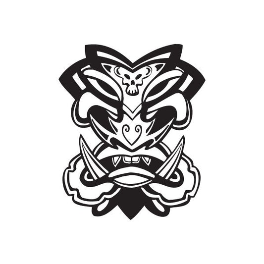 Black-and-white tiki skull decal with tribal knot and mask details