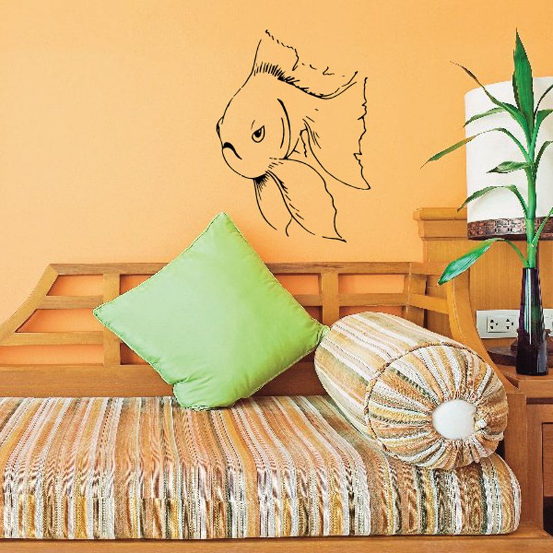 Unhappy goldfish wall decal with thin line outline and sad face fins
