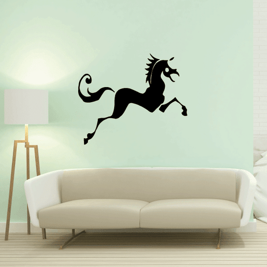 Black unicorn wall decal of a rearing horse with flowing mane and tail