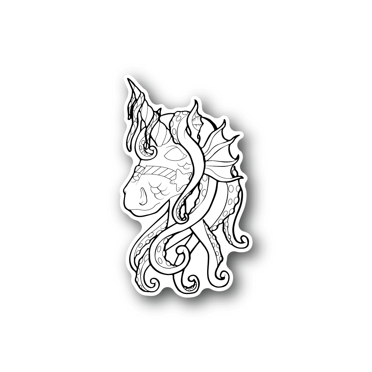 Unicorn octopus vinyl sticker with white line art and curled tentacles