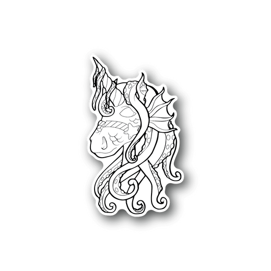 Unicorn octopus vinyl sticker with white line art and curled tentacles