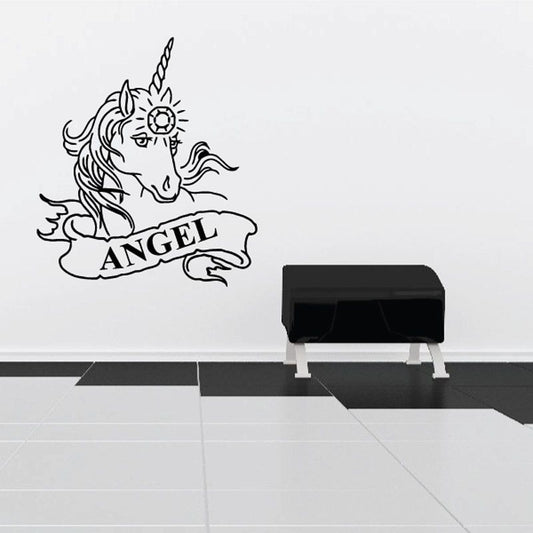 Unicorn wall decal vinyl of a black outline unicorn with an "ANGEL" banner
