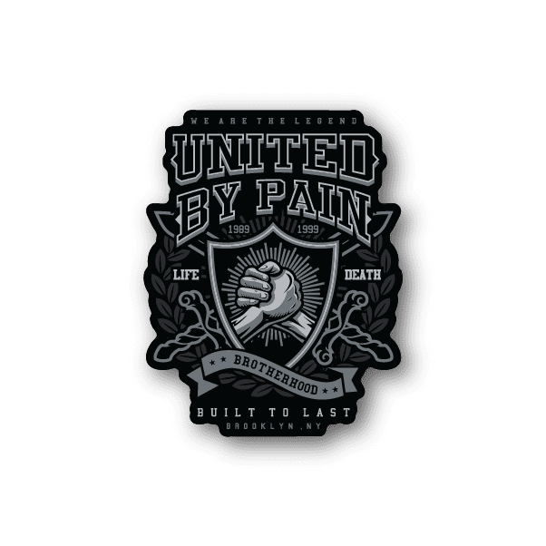 Vinyl sticker with United by Pain emblem, raised fist, laurel wreath, banner