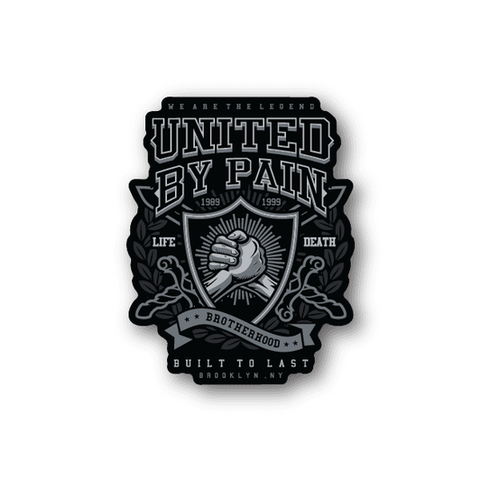 Vinyl sticker with United by Pain emblem, raised fist, laurel wreath, banner