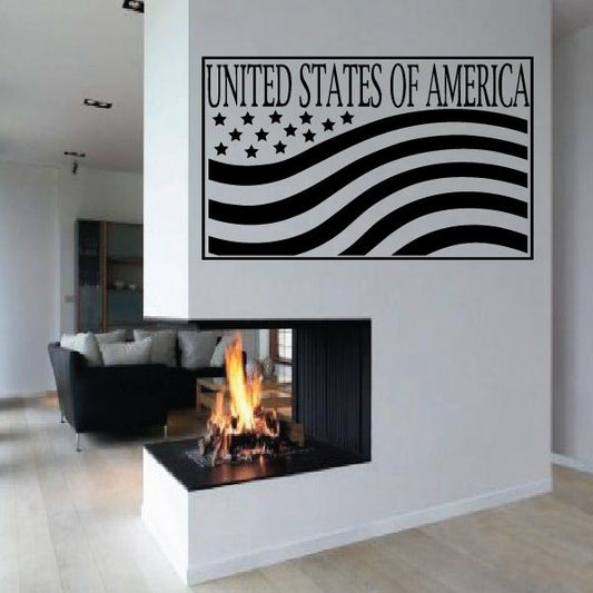 US flag wall decal with stars and striped banner in black and white, rectangular frame