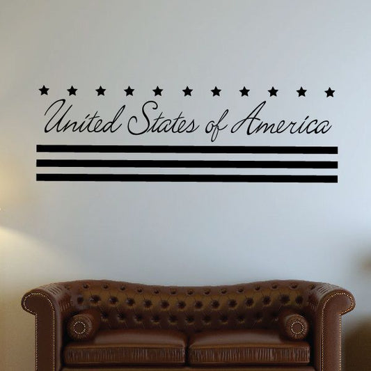 Stars and stripes wall decal with black script 'United States of America' and striped bars