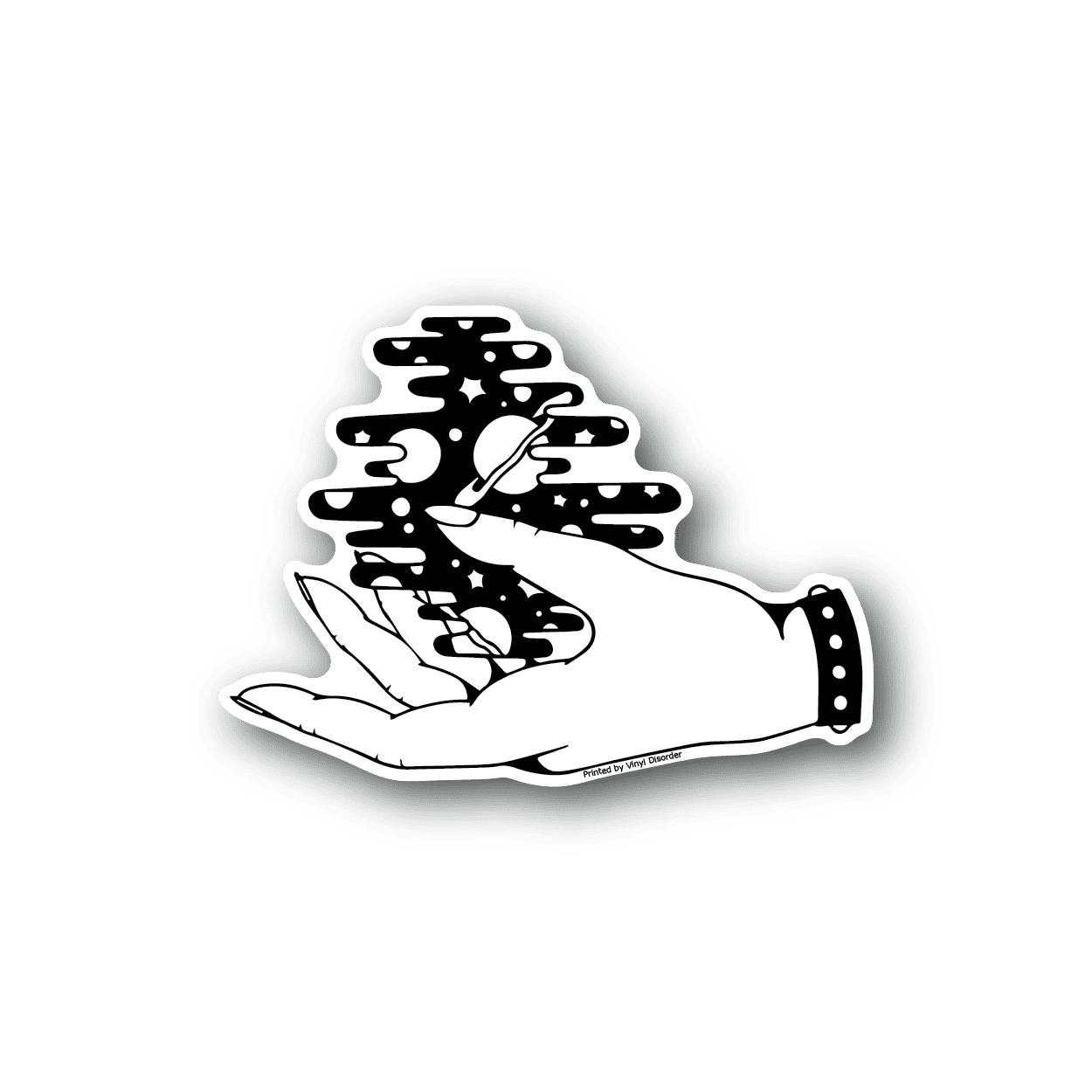 Vinyl sticker showing a hand holding a galaxy sphere, white design