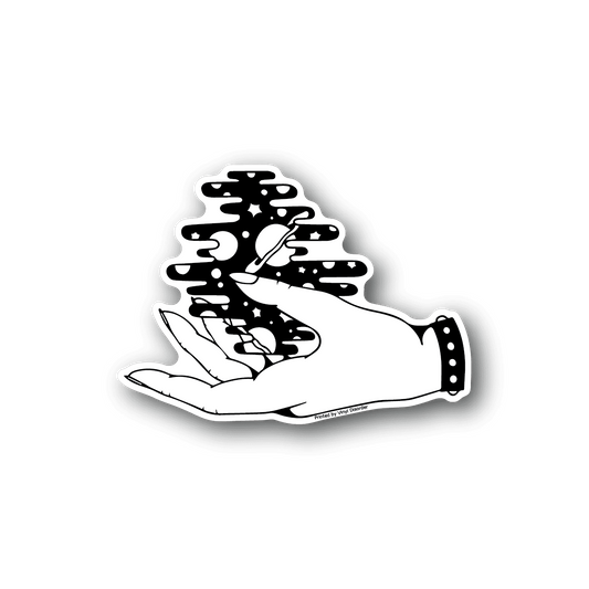 Vinyl sticker showing a hand holding a galaxy sphere, white design
