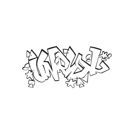 Graffiti decal with stylized black-and-white tag letters and small stars