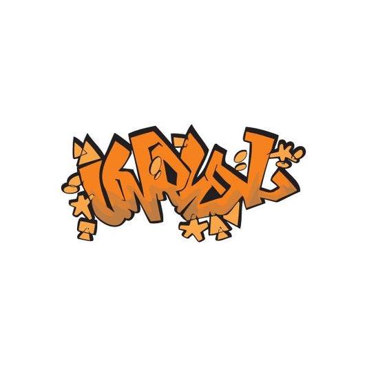 Graffiti sticker with orange and black lettering and star accents