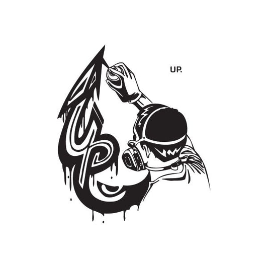 Graffiti decal: black cartoon figure with 'UP' lettering