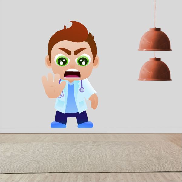 Cartoon doctor sticker with raised hand and wide green eyes