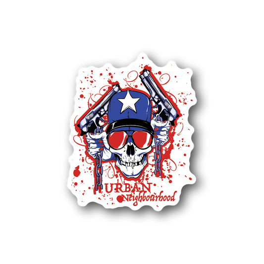 Skull vinyl sticker with star cap, red splatter, and sunglasses graphic