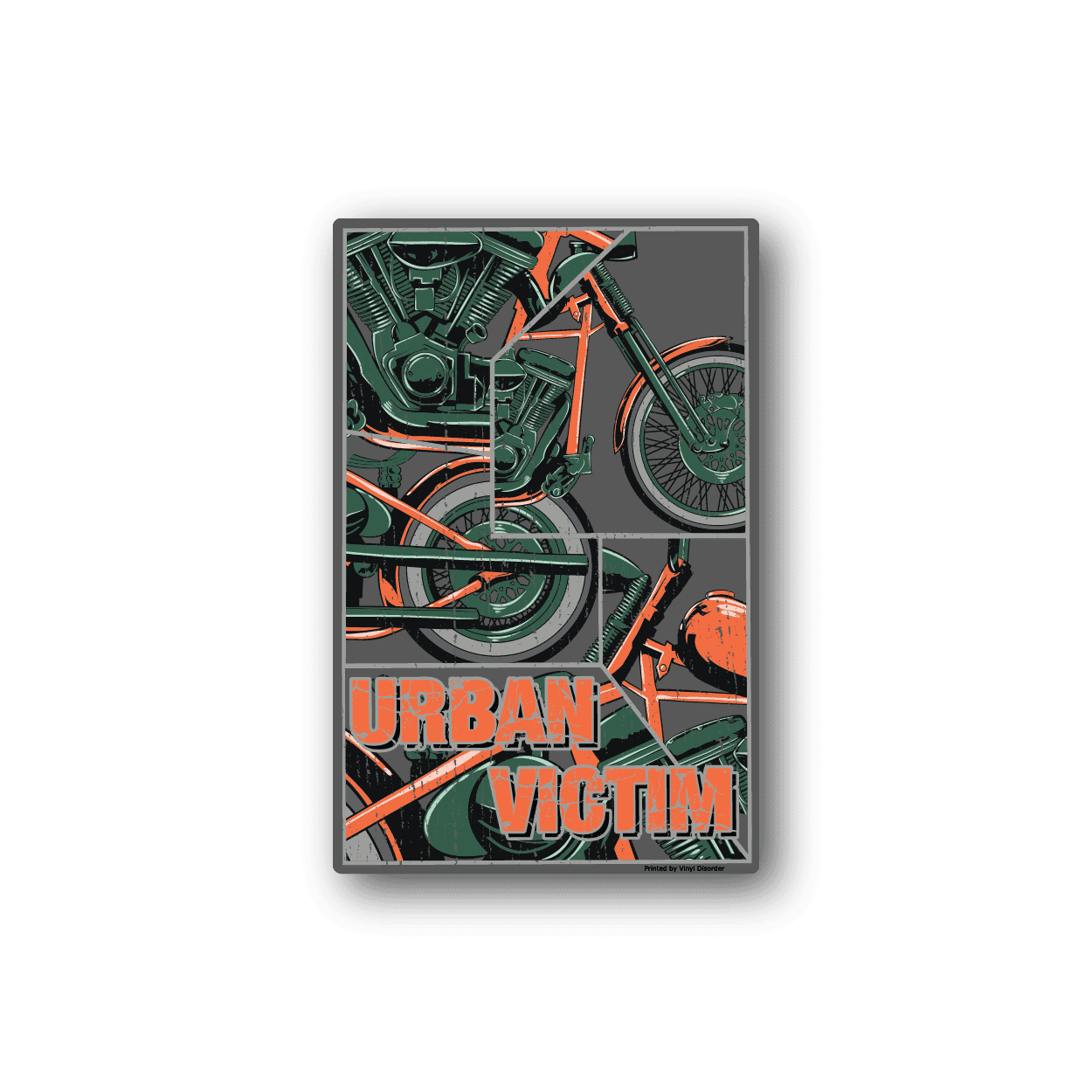 Rectangular vinyl dirt bike sticker with green and orange bike graphic and Urban Victim text