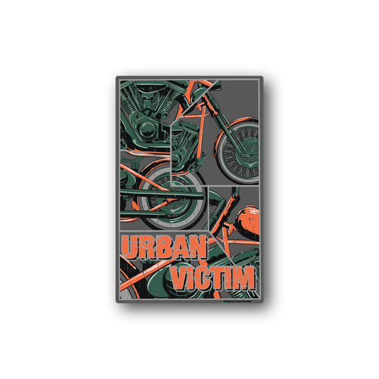 Rectangular vinyl dirt bike sticker with green and orange bike graphic and Urban Victim text
