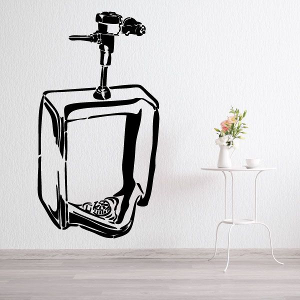 Black urinal vinyl decal with faucet and tank-style outline