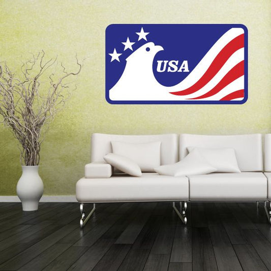 Rectangular USA eagle sticker with blue, white eagle, stars, and red-white stripes