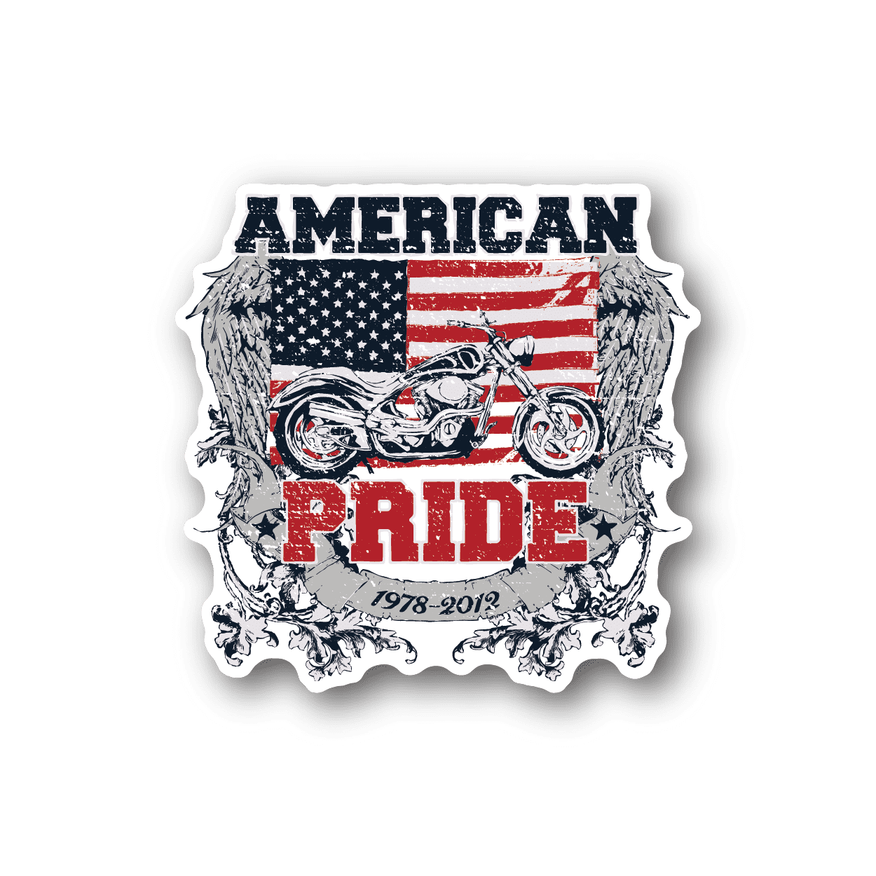 Vinyl American Pride sticker with USA flag, motorcycle graphic, and banner text