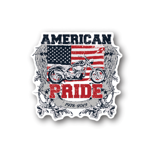 Vinyl American Pride sticker with USA flag, motorcycle graphic, and banner text