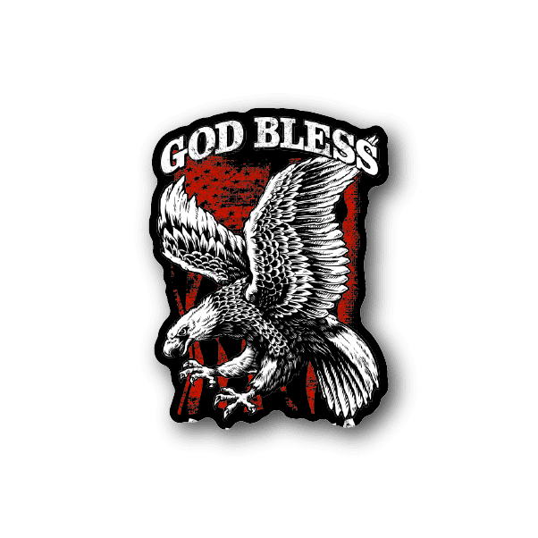 Eagle vinyl sticker with GOD BLESS text and red-white background