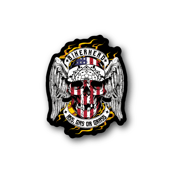 Vinyl bikerhead skull sticker with wings, flames, and USA flag skull graphic