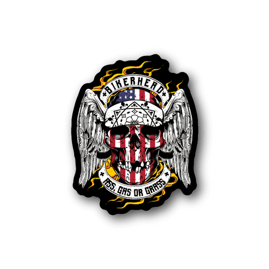 Vinyl bikerhead skull sticker with wings, flames, and USA flag skull graphic