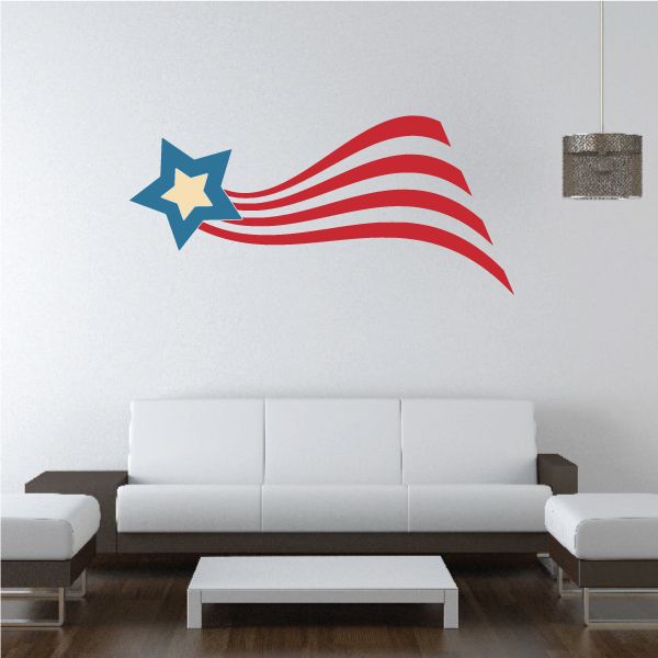 USA tailed star printed die cut decal with blue star and red swirls
