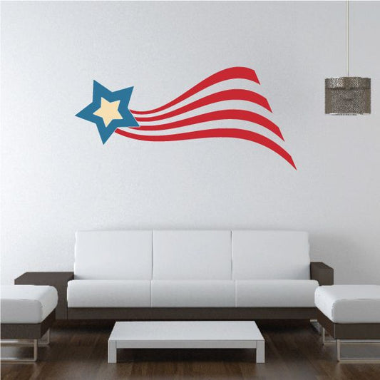 USA tailed star printed die cut decal with blue star and red swirls