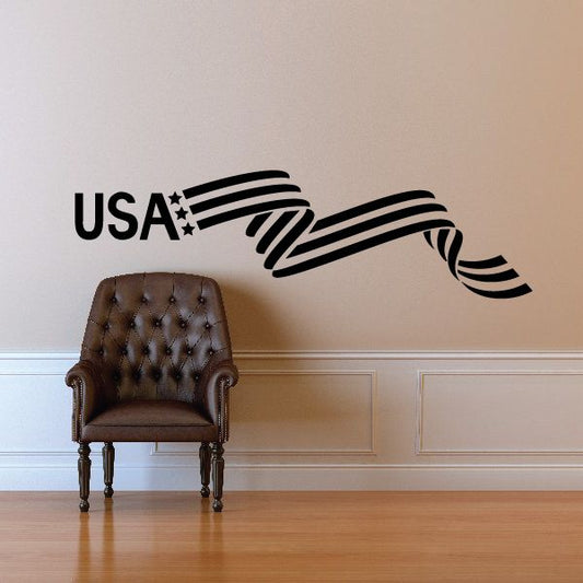USA waving flag banner wall decal with black outlined stripes and star marks