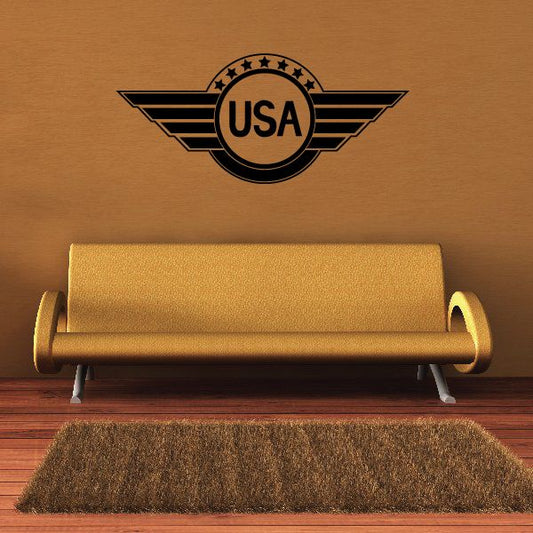 USA wings badge decal with circular USA emblem and winged black border