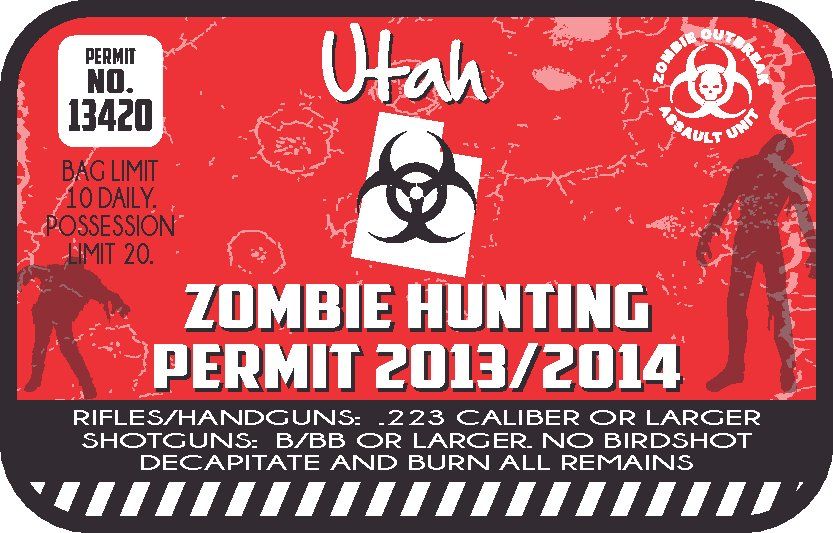 Red zombie hunting permit sticker with Utah text and biohazard symbol