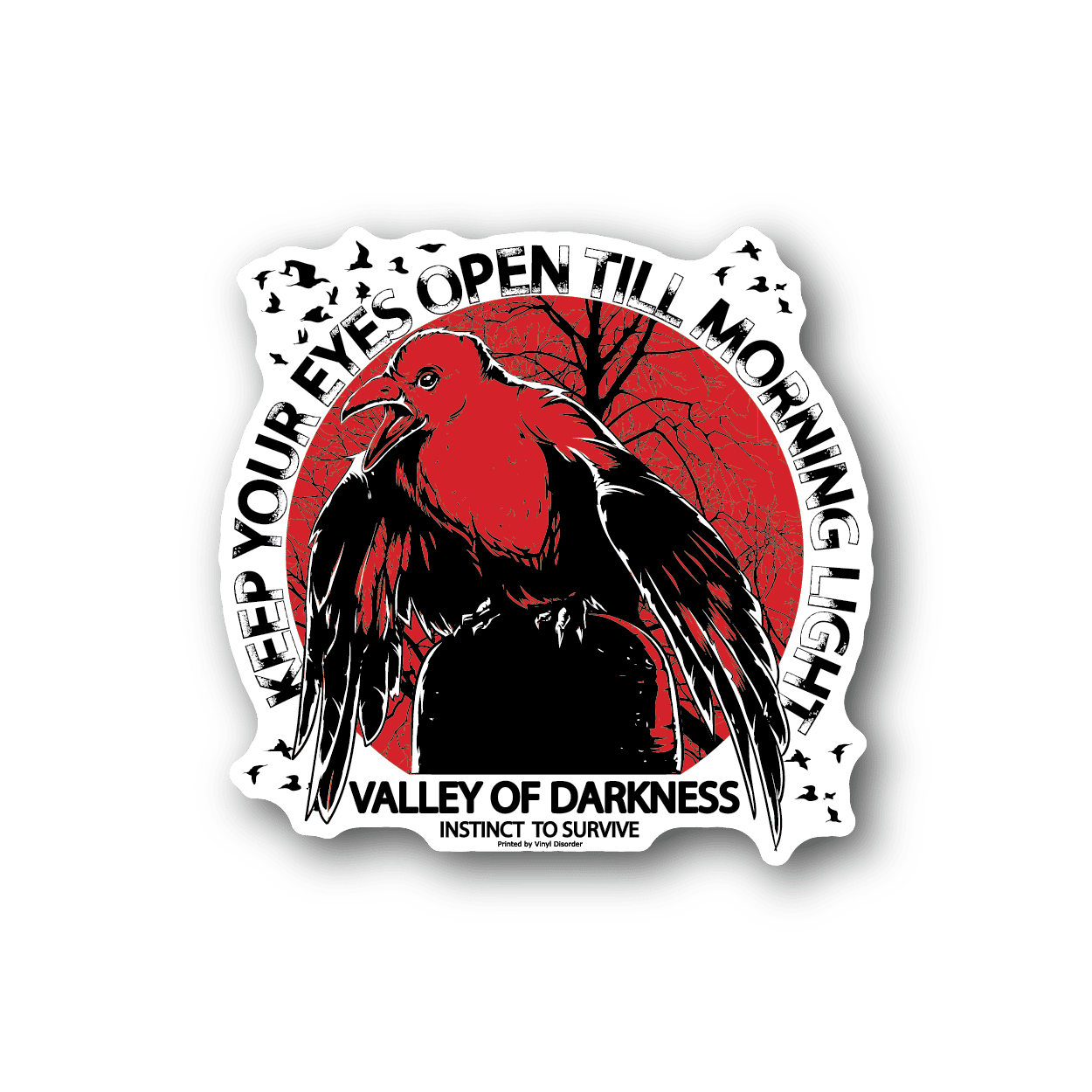 Skull-themed vinyl sticker with red raven and white ring text