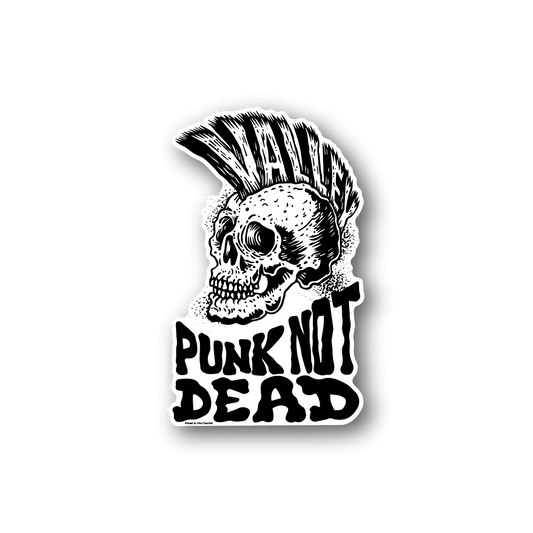 Skull and text vinyl sticker reading 'Punk Not Dead'