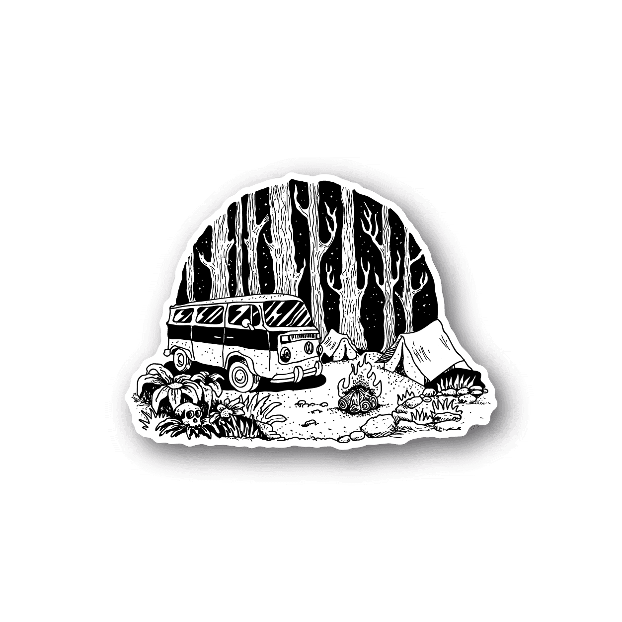 Vinyl camping sticker with illustrated van, desert cactus, and mountains in black and white